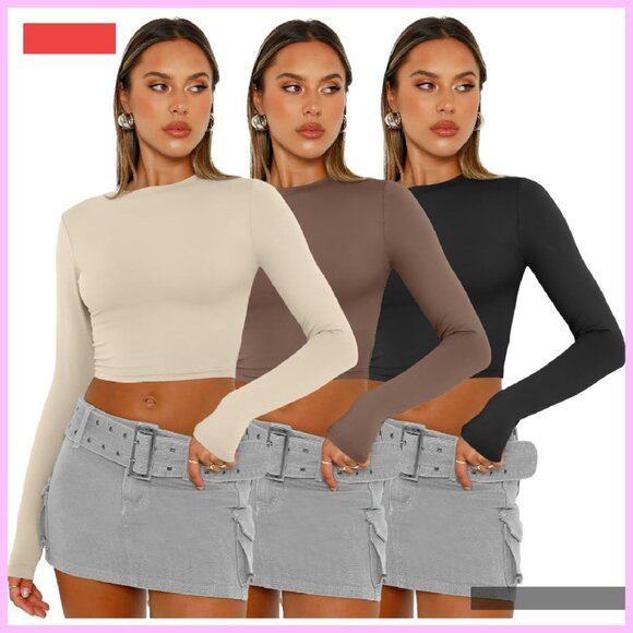 3 Pack Long Sleeve Crop Tops Slim Fitted Y2K Fashion Fall Outfits - Picture 2 of 4